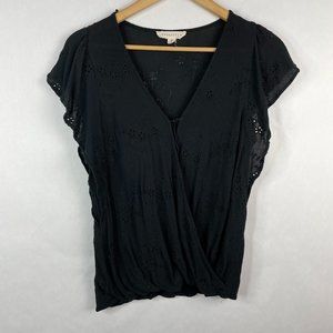 Lovestitch Eyelet Lace Surplice Crossover Short Sleeve Shirt Top Black Size M